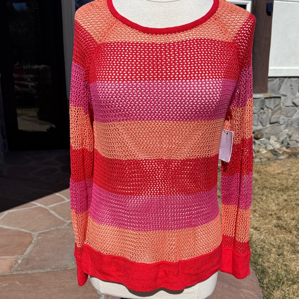 525 America Wide Colorful Striped Open-Knit Mesh Top